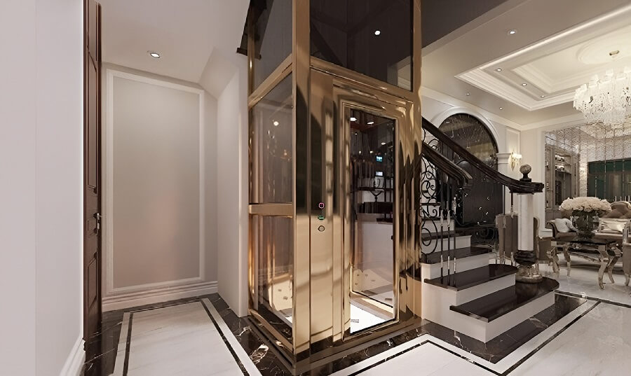 Mẫu cầu thang máy bằng kim loại mạ vàng cho biệt thự